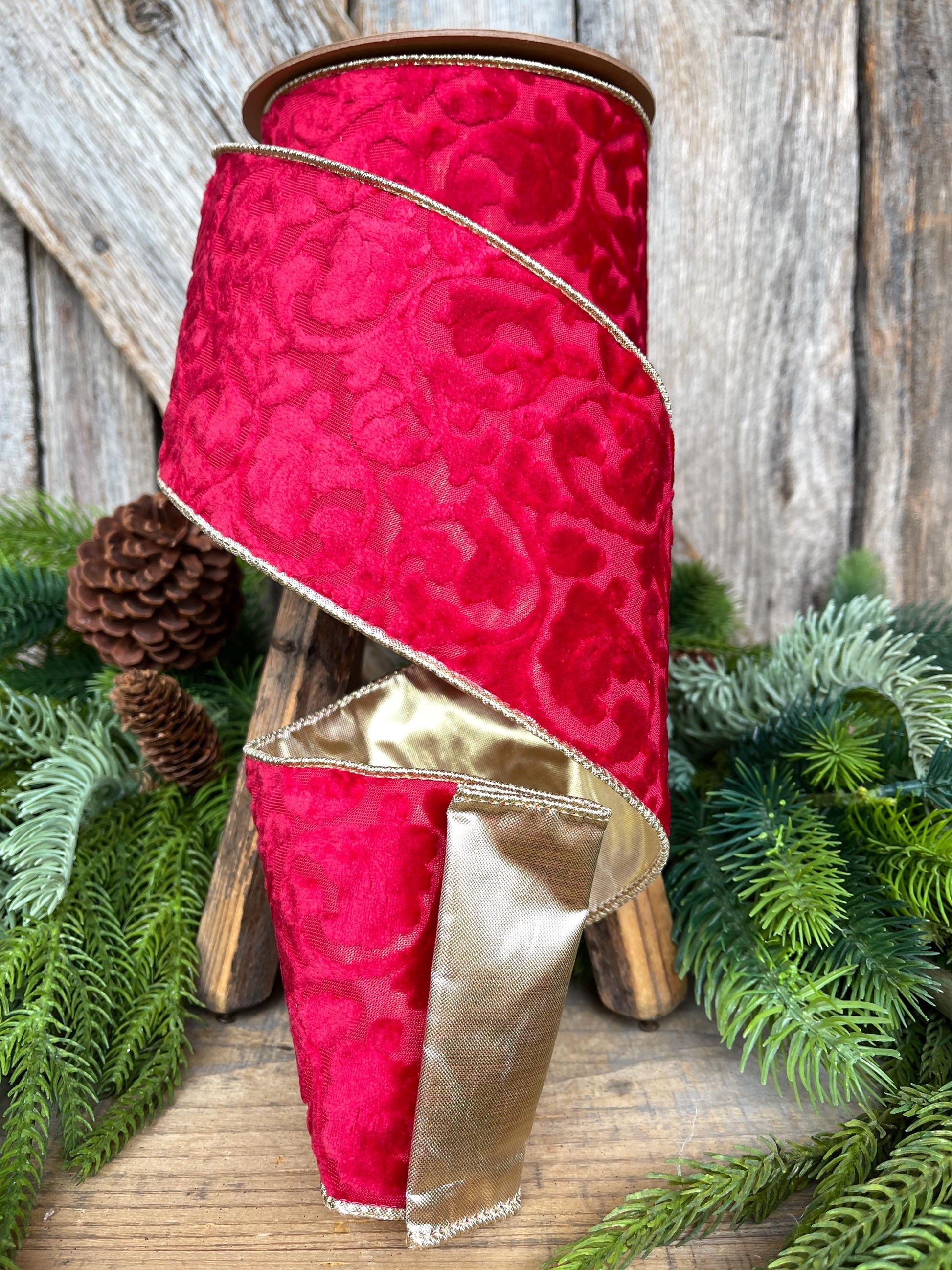 4" Red Embossed Velvet Ribbon, Christmas Ribbon, Red Velvet Ribbon