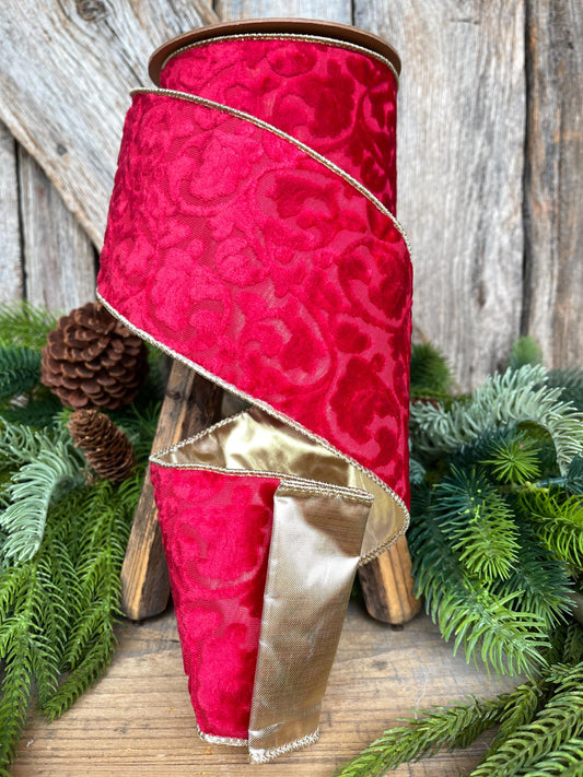 4" Red Embossed Velvet Ribbon, Christmas Ribbon, Red Velvet Ribbon