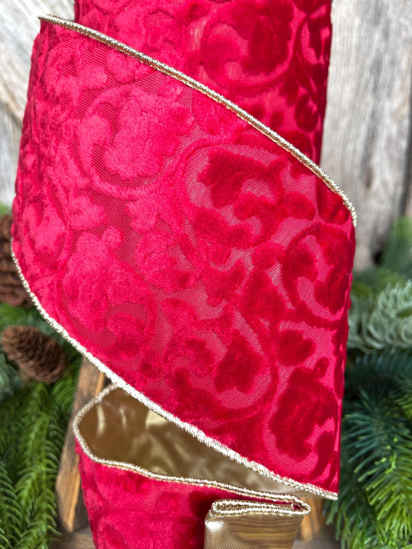 4" Red Embossed Velvet Ribbon, Christmas Ribbon, Red Velvet Ribbon