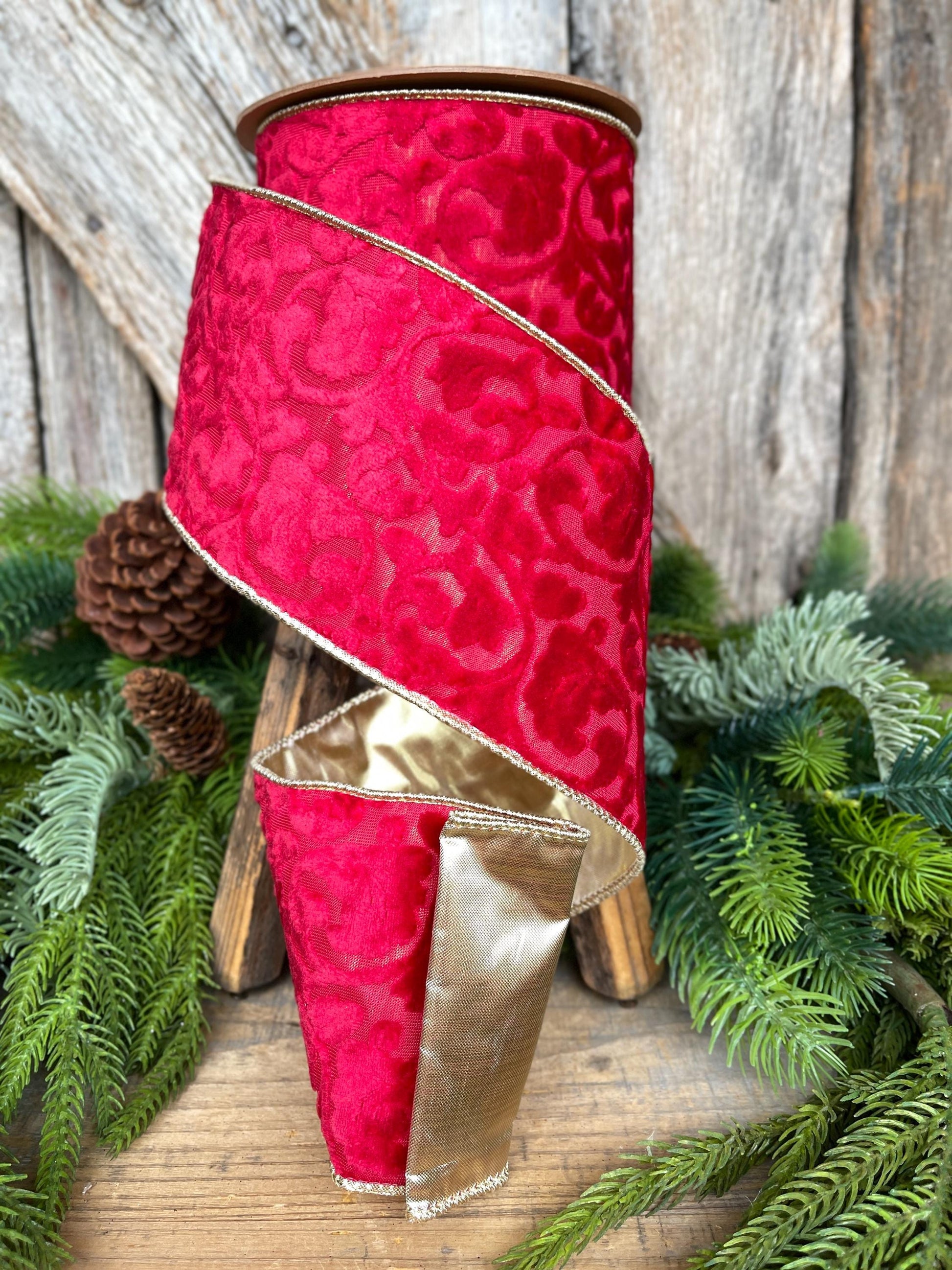 4" Red Embossed Velvet Ribbon, Christmas Ribbon, Red Velvet Ribbon