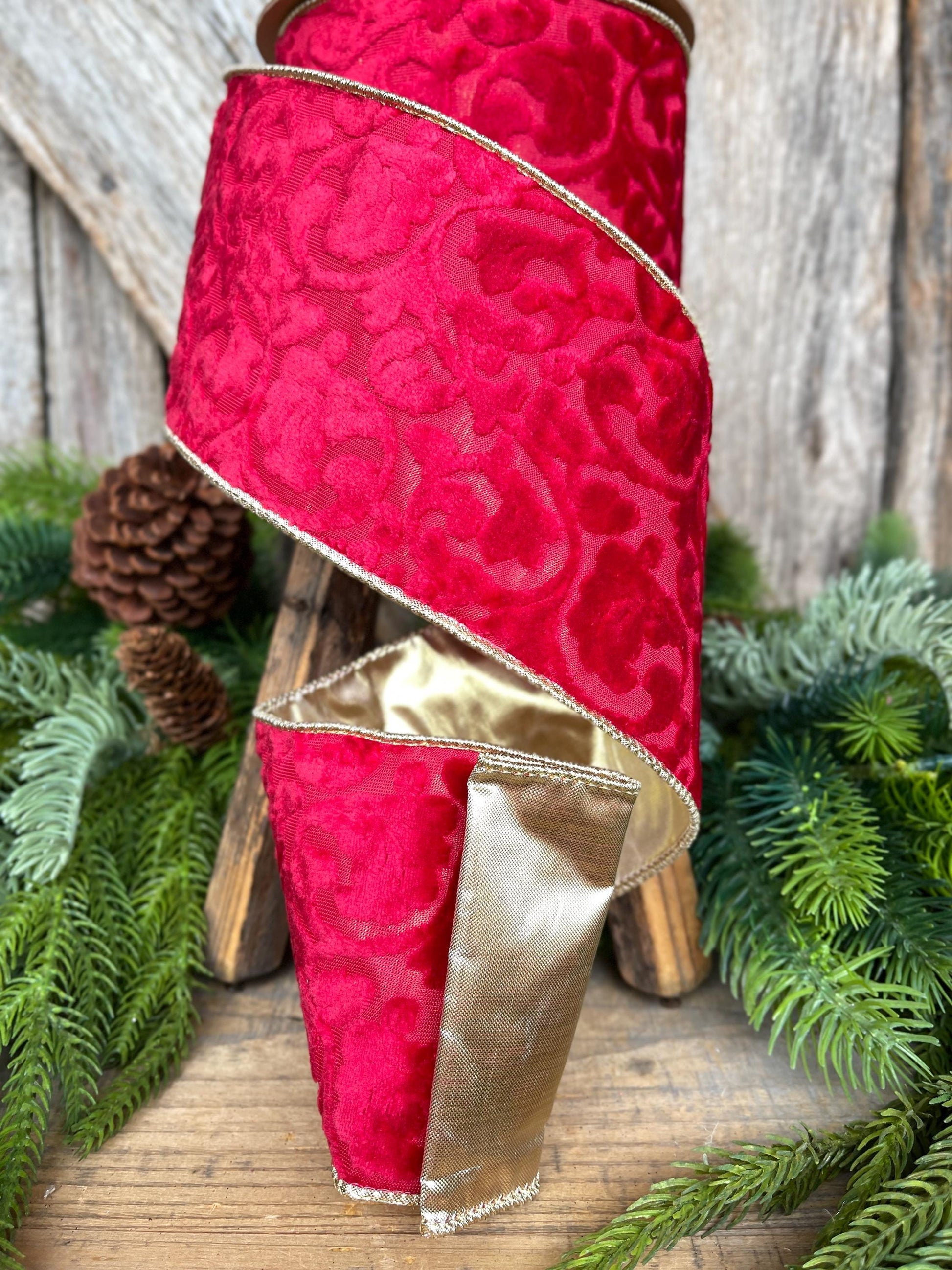 4" Red Embossed Velvet Ribbon, Christmas Ribbon, Red Velvet Ribbon