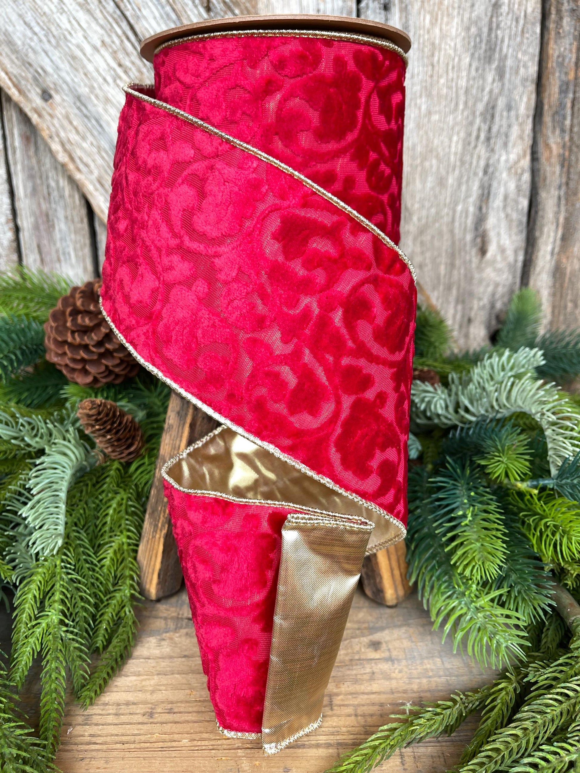 4" Red Embossed Velvet Ribbon, Christmas Ribbon, Red Velvet Ribbon