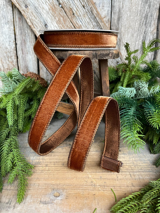 Pecan Brown Velvet Wired Ribbon: 1" Farrisilk Christmas Ribbon