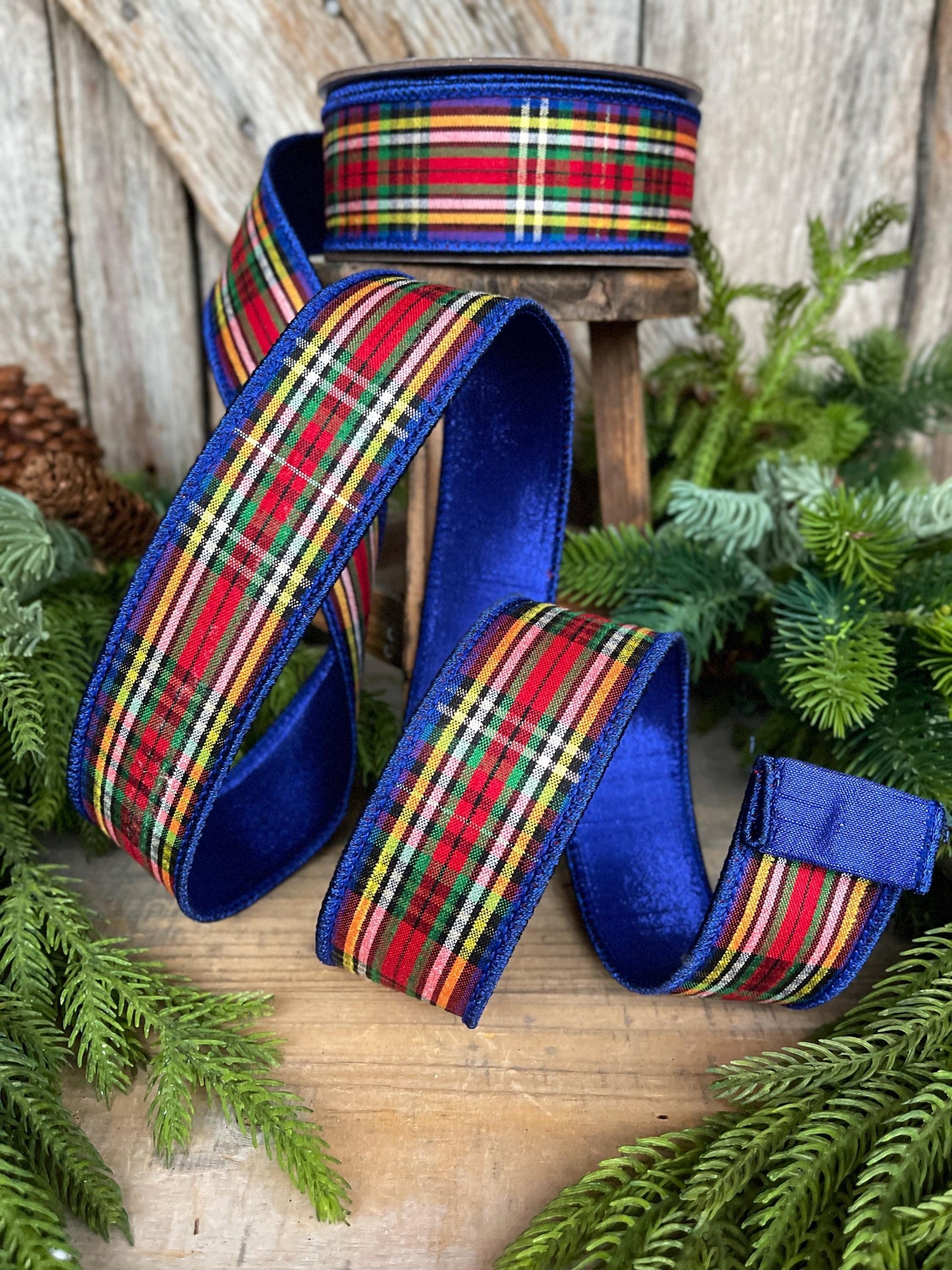 1.5" Blue Caroler Plaid RIbbon, Farrisilk Ribbon, Traditional Plaid RIbbon