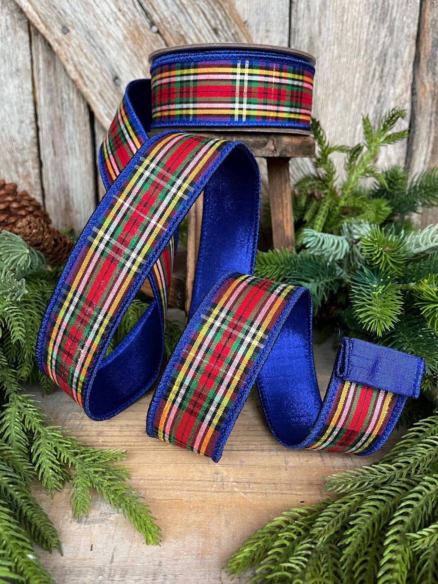 1.5" Blue Caroler Plaid RIbbon, Farrisilk Ribbon, Traditional Plaid RIbbon