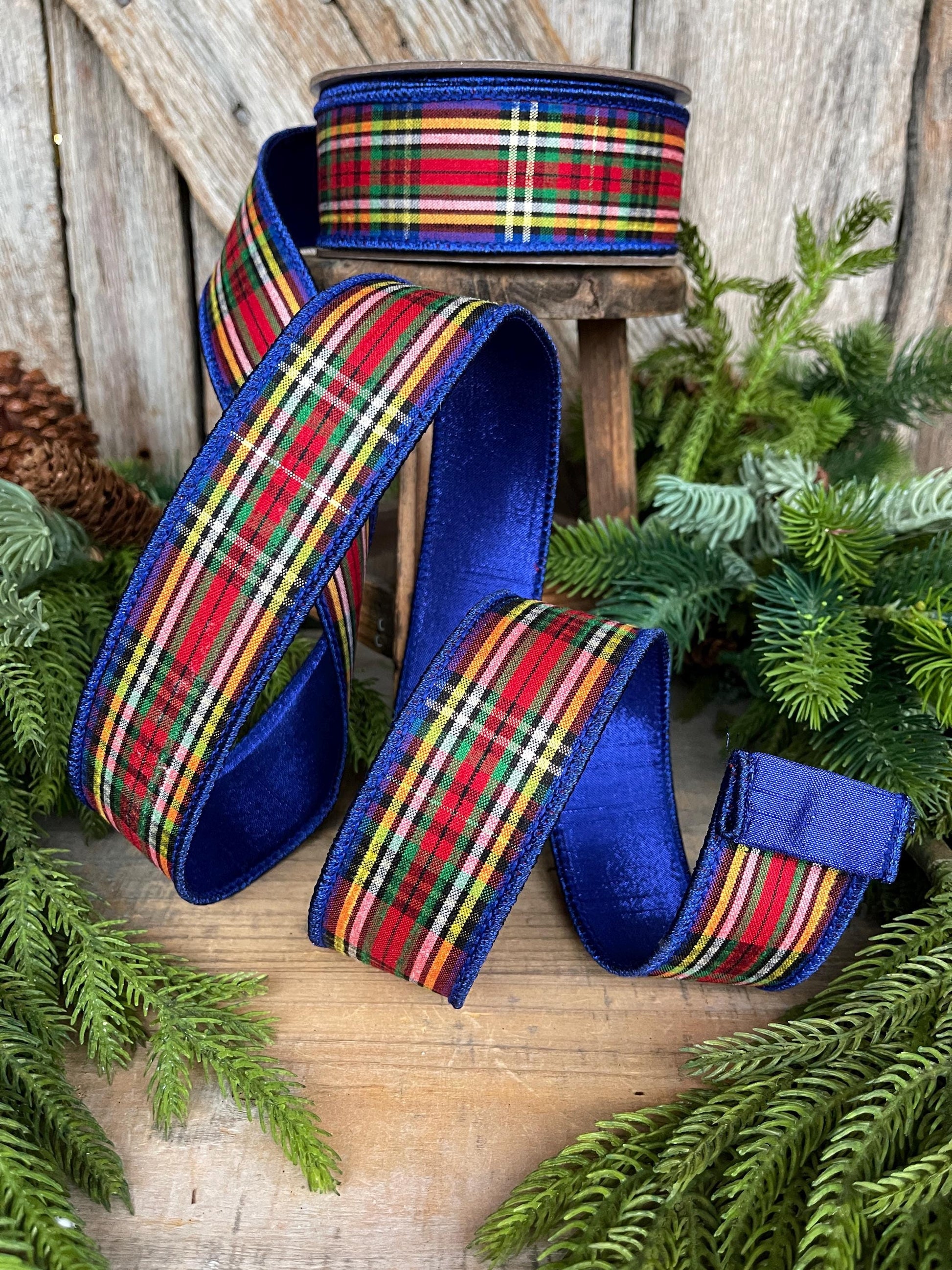 1.5" Blue Caroler Plaid RIbbon, Farrisilk Ribbon, Traditional Plaid RIbbon