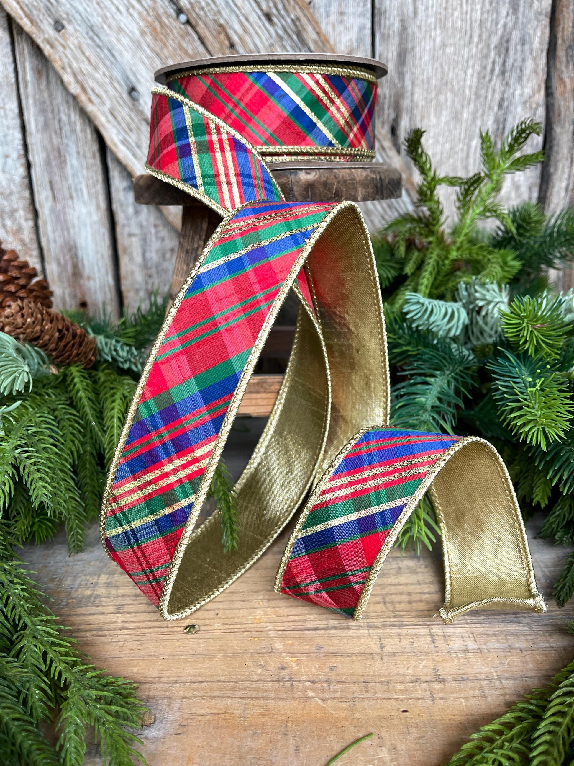 1.5" Christmas Plaid Ribbon, Red Blue Plaid Ribbon, Tartan Plaid Ribbon, Yuletide Plaid Ribbon