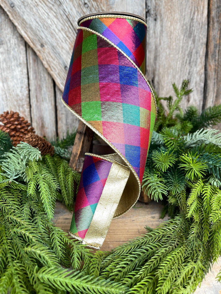 4" Color Checks Christmas RIbbon, Colorful Ribbon, Designer Ribbon