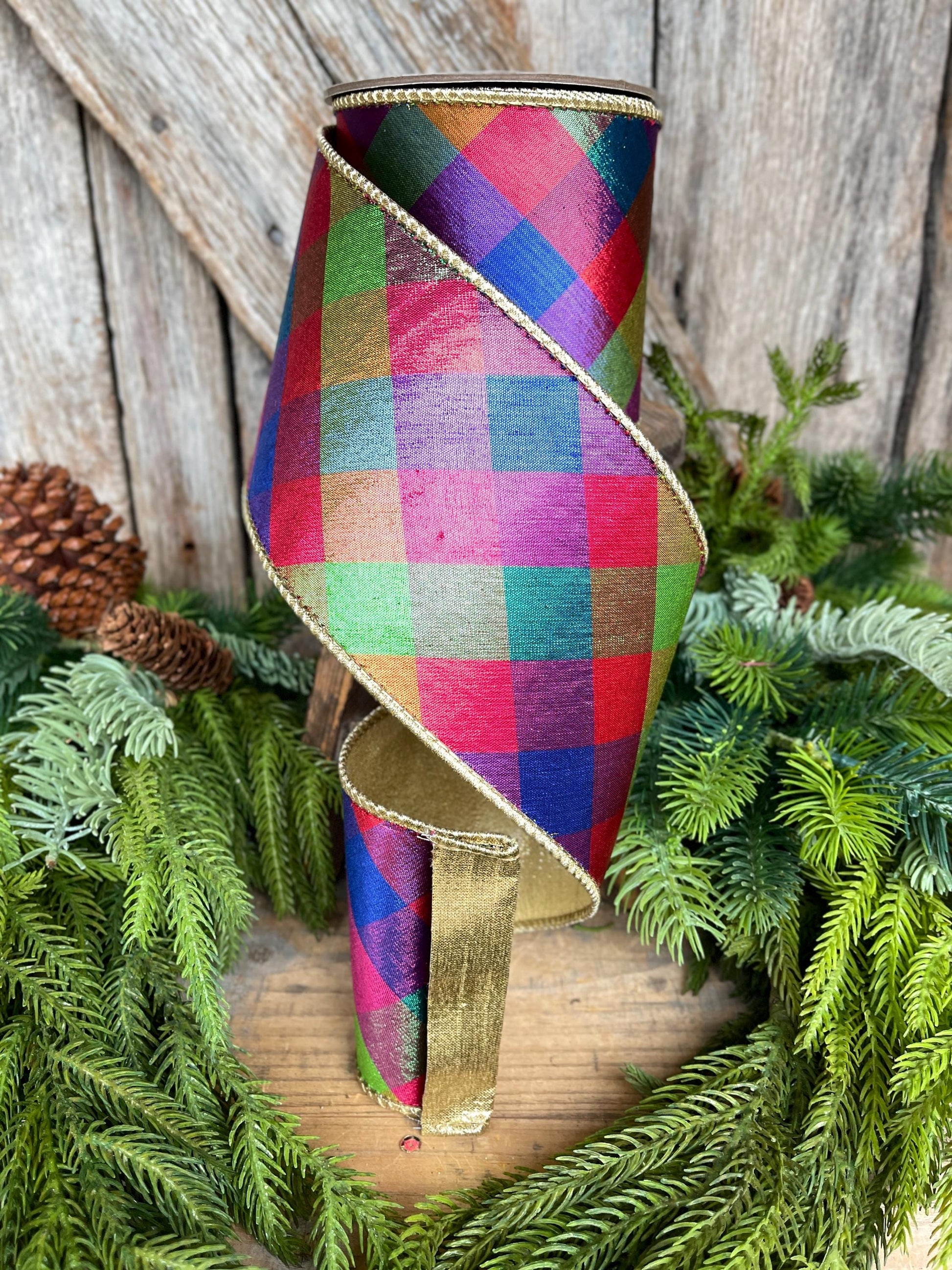 4" Color Checks Christmas RIbbon, Colorful Ribbon, Designer Ribbon, Red Metallic Checks Ribbon, Wired Ribbon, CHristmas Tree Ribbon, Red
