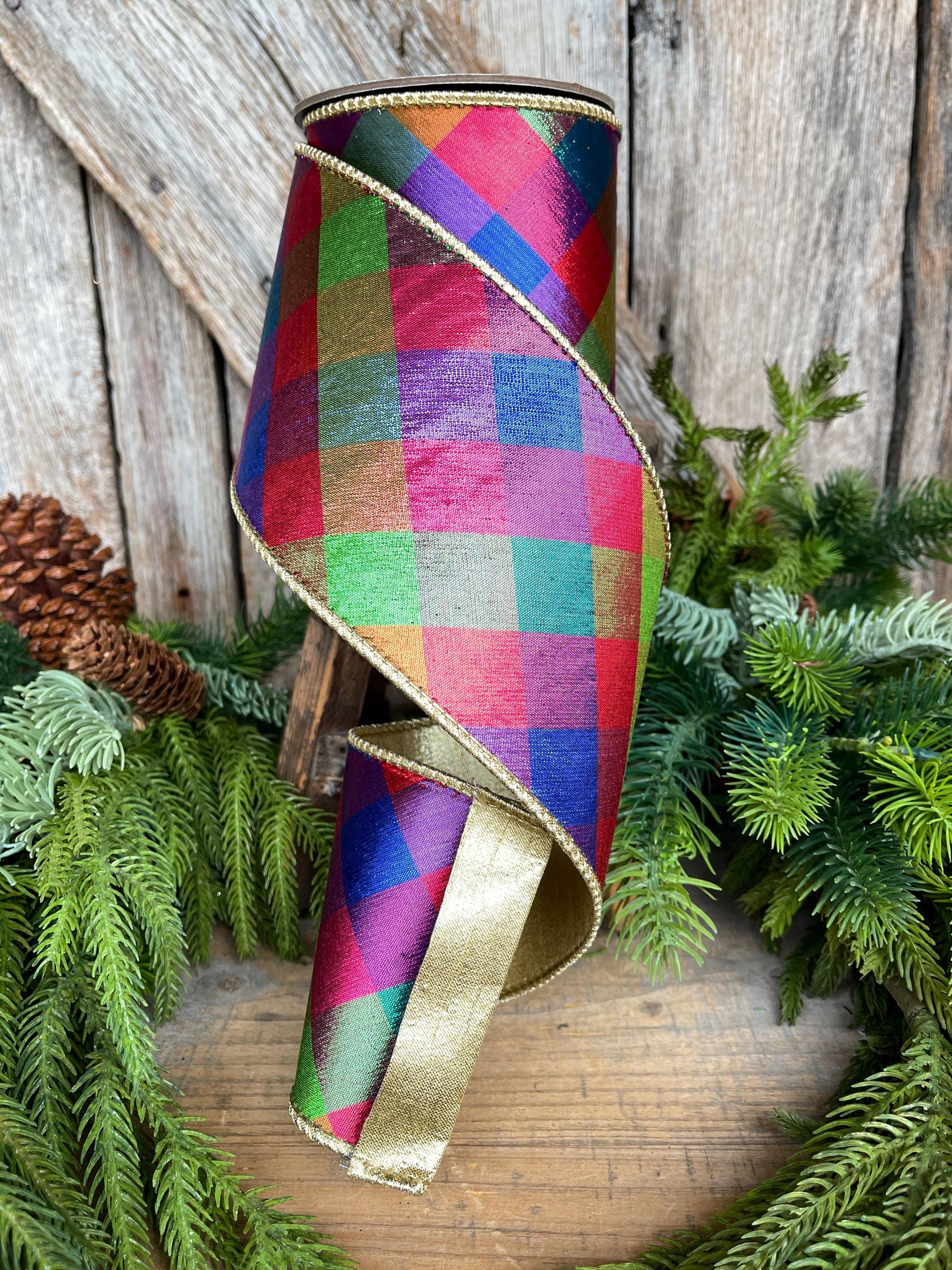 4" Color Checks Christmas RIbbon, Colorful Ribbon, Designer Ribbon, Red Metallic Checks Ribbon, Wired Ribbon, CHristmas Tree Ribbon, Red