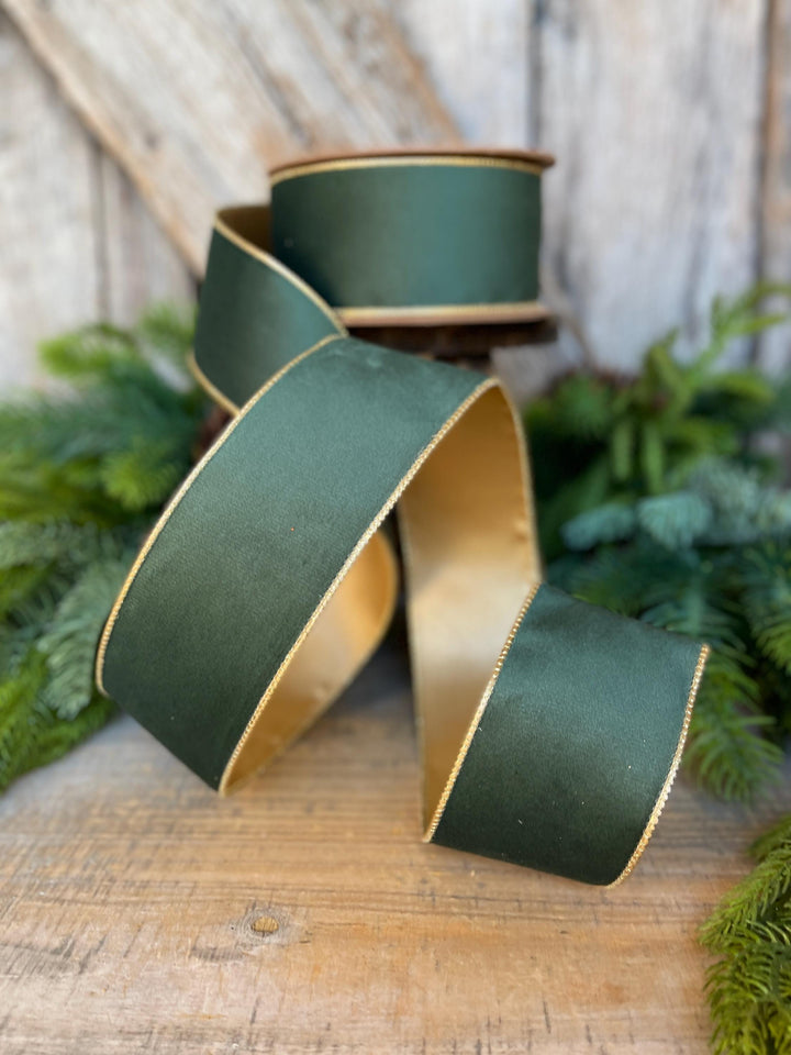 2.5" Green Velvet Ribbon, Green &amp; Gold Velvet Ribbon, Christmas RIbbon