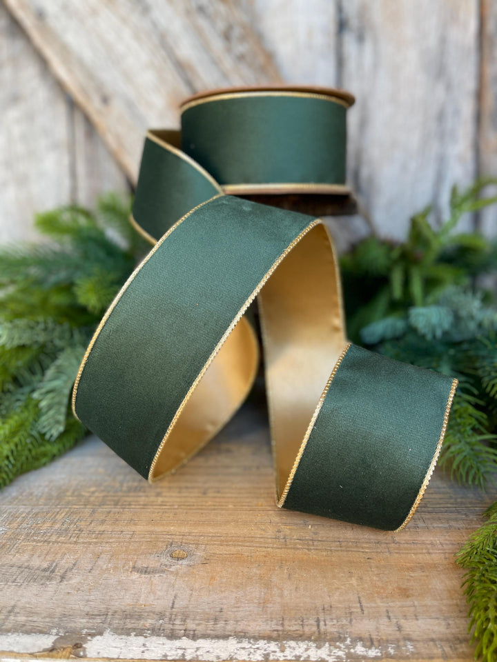 2.5" Green Velvet Ribbon, Green &amp; Gold Velvet Ribbon, Christmas RIbbon