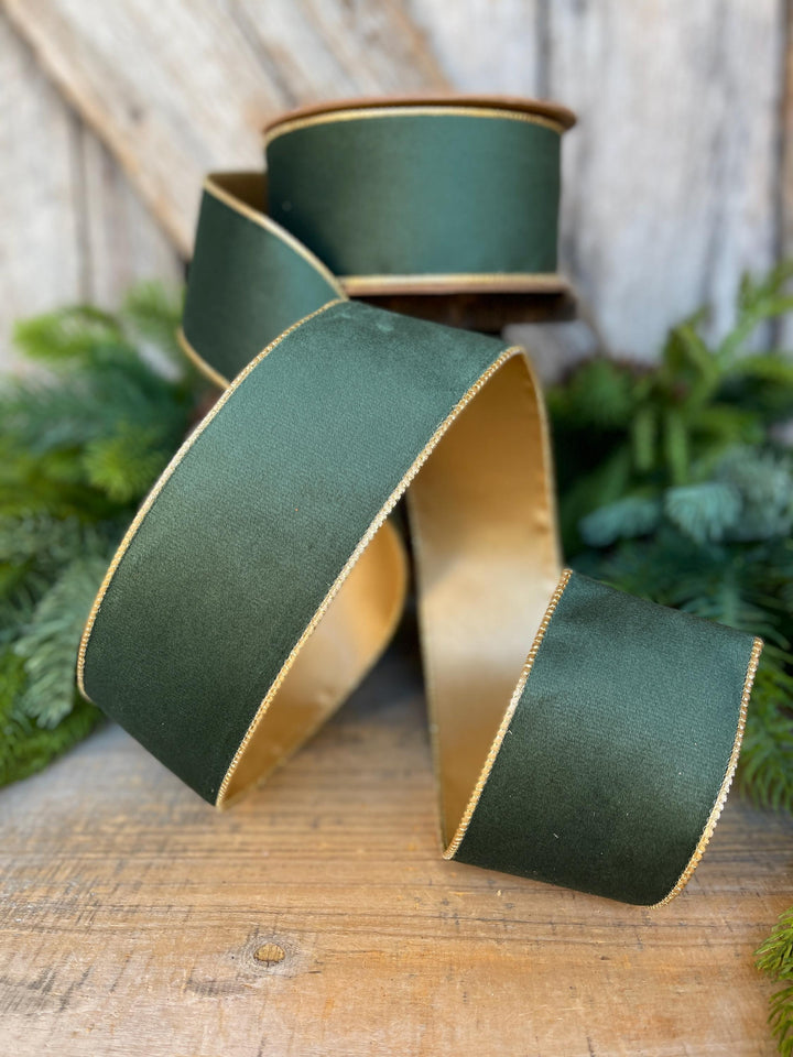 2.5" Green Velvet Ribbon, Green &amp; Gold Velvet Ribbon, Christmas RIbbon
