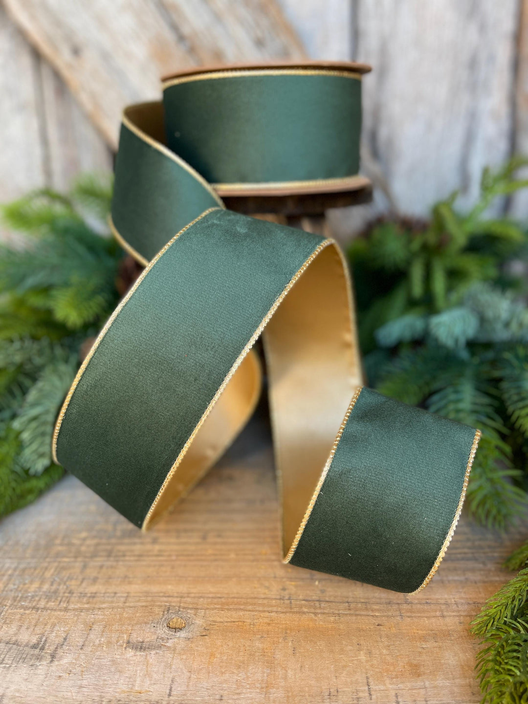2.5" Green Velvet Ribbon, Green &amp; Gold Velvet Ribbon, Christmas RIbbon