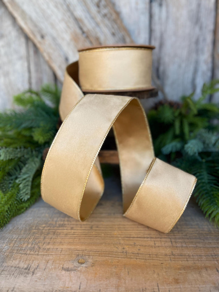 2.5" Gold Velvet RIbbon, Wired Ribbon, Champagne Gold Velvet Ribbon