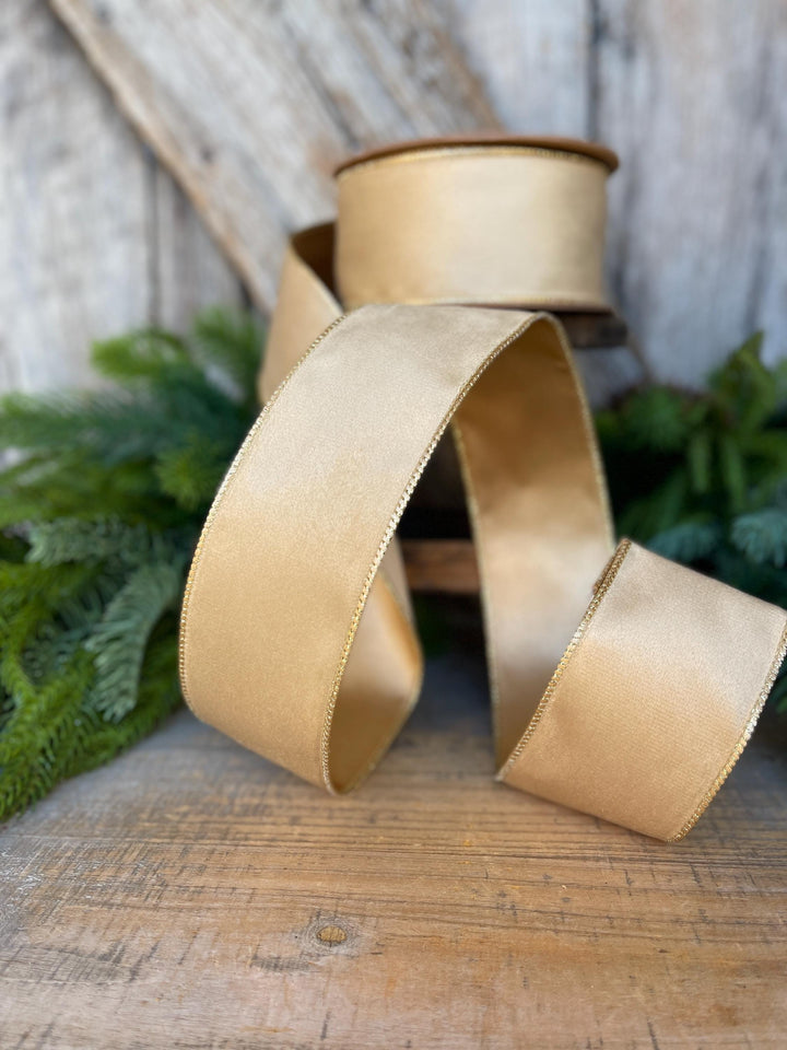2.5" Gold Velvet RIbbon, Wired Ribbon, Champagne Gold Velvet Ribbon