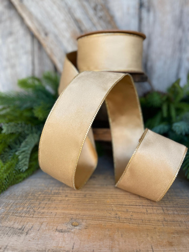 2.5" Gold Velvet RIbbon, Wired Ribbon, Champagne Gold Velvet Ribbon