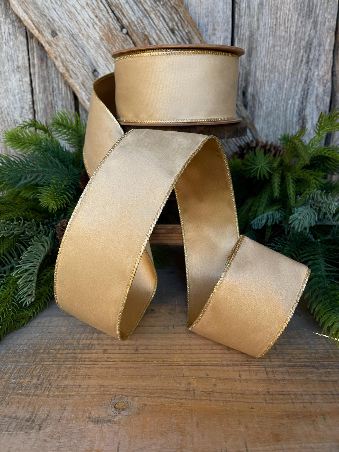 2.5" Gold Velvet RIbbon, Wired Ribbon, Champagne Gold Velvet Ribbon