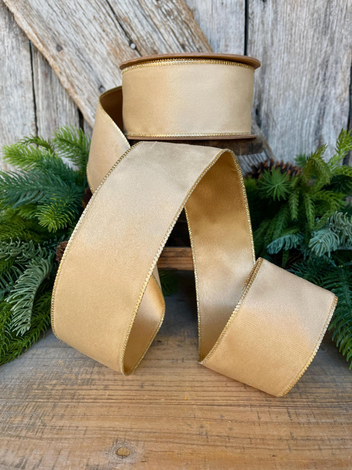 2.5" Gold Velvet RIbbon, Wired Ribbon, Champagne Gold Velvet Ribbon