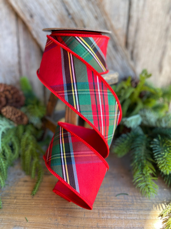 2.5" Traditional CHristmas Plaid, Wired Ribbon, Red Blue Chirstmas Plaid RIbbon