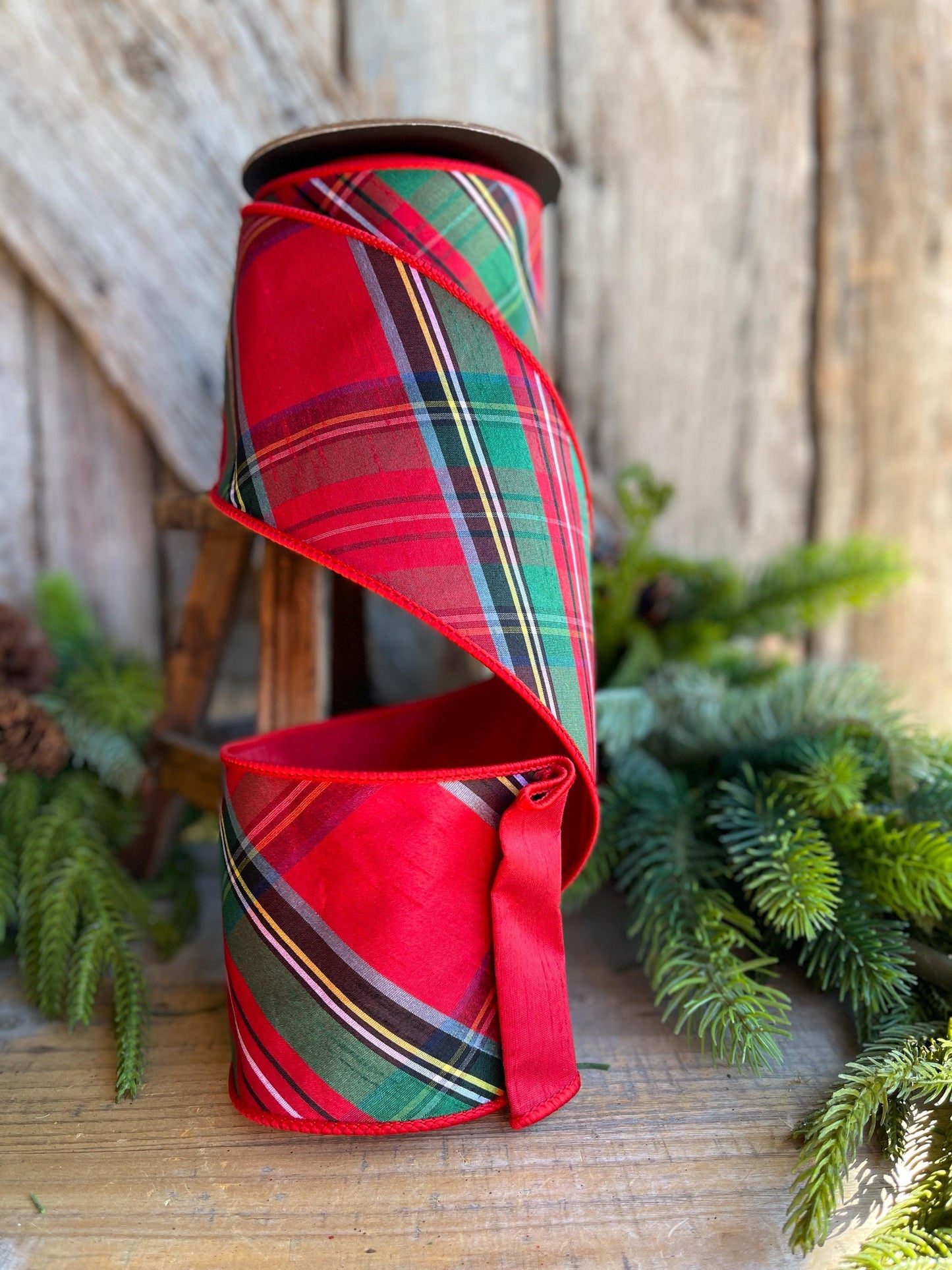 4" Traditional CHristmas Plaid, Wired Ribbon, Red Blue Chirstmas Plaid RIbbon, RIbbon for Treee, Christmas Plaid