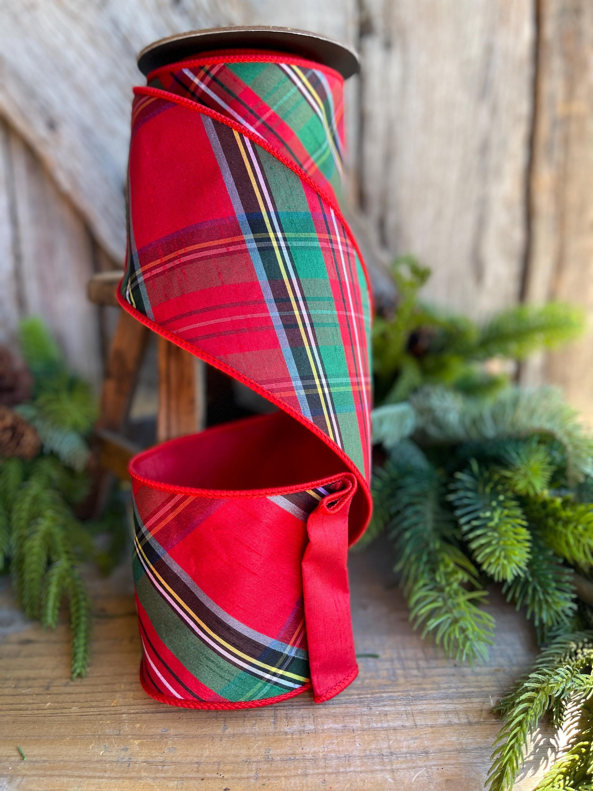 4" Traditional CHristmas Plaid, Wired Ribbon, Red Blue Chirstmas Plaid RIbbon, RIbbon for Treee, Christmas Plaid