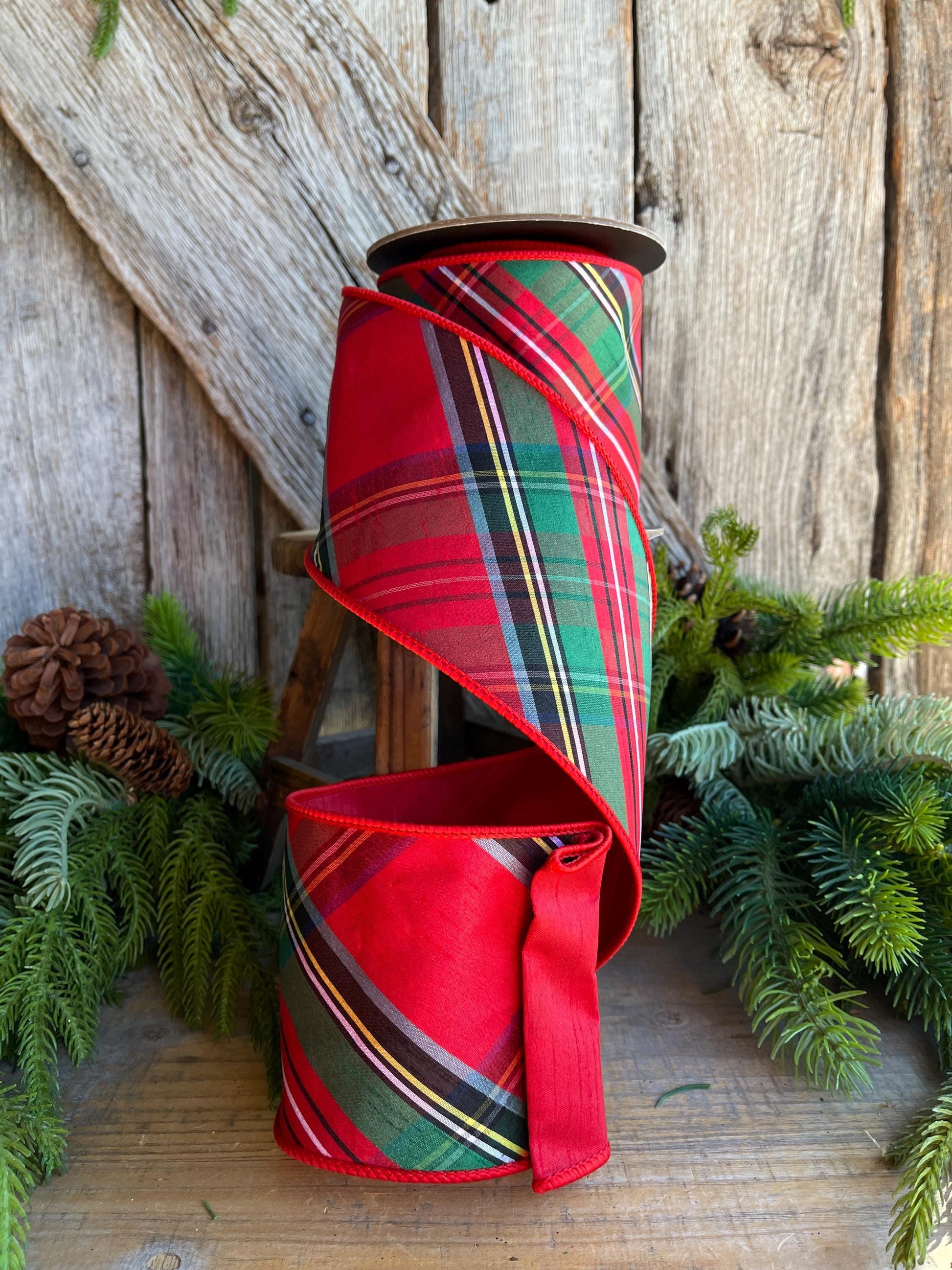 4" Traditional CHristmas Plaid, Wired Ribbon, Red Blue Chirstmas Plaid RIbbon, RIbbon for Treee, Christmas Plaid