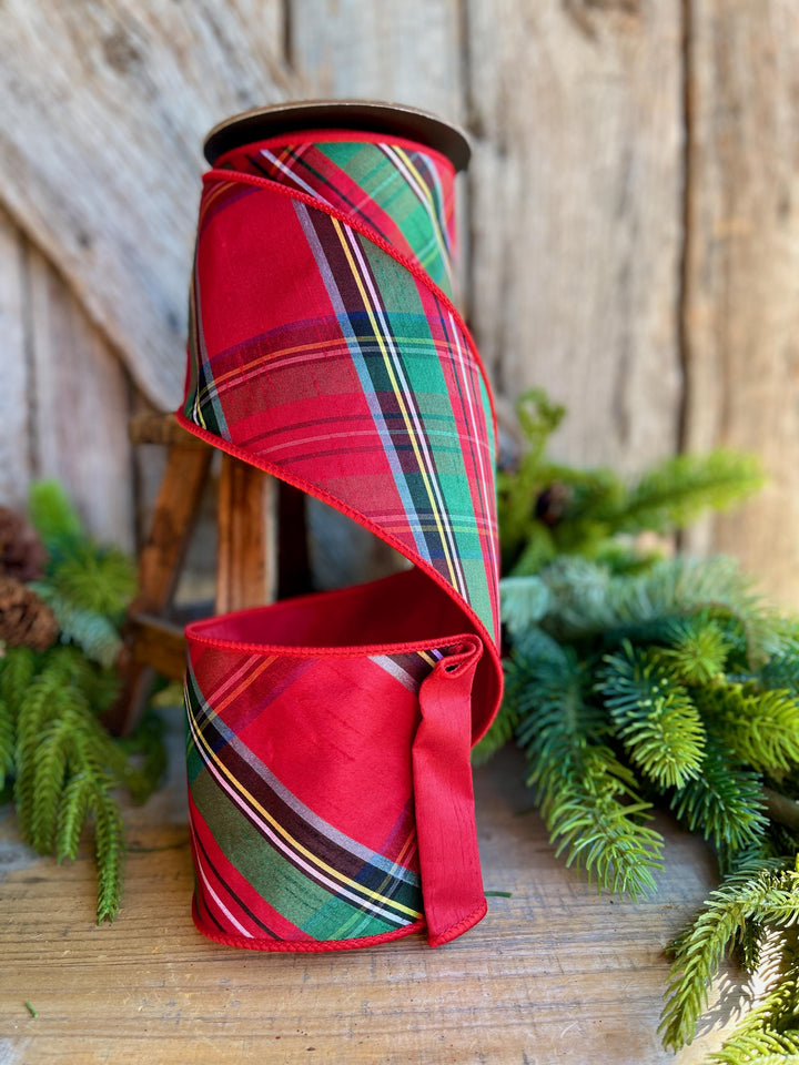 4" Traditional CHristmas Plaid, Wired Ribbon, Red Blue Chirstmas Plaid RIbbon