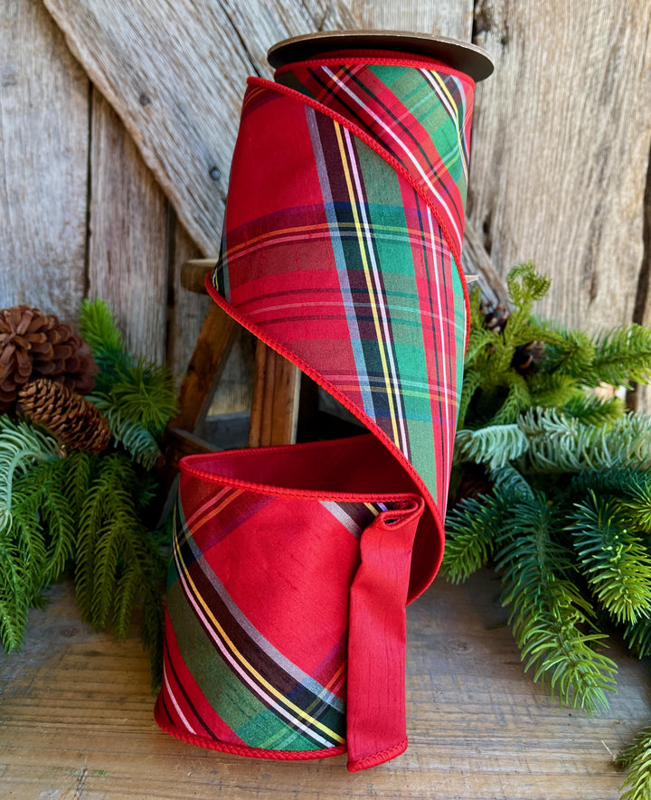 4" Traditional CHristmas Plaid, Wired Ribbon, Red Blue Chirstmas Plaid RIbbon
