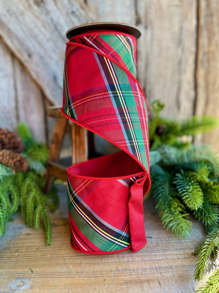 4" Traditional CHristmas Plaid, Wired Ribbon, Red Blue Chirstmas Plaid RIbbon
