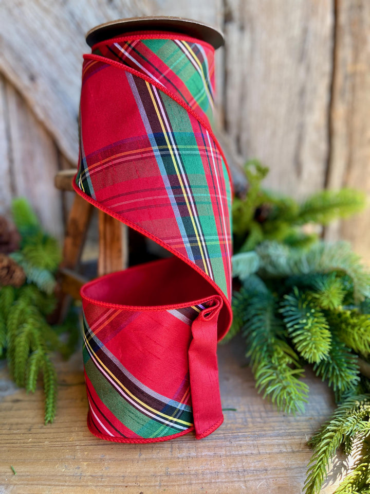 4" Traditional CHristmas Plaid, Wired Ribbon, Red Blue Chirstmas Plaid RIbbon