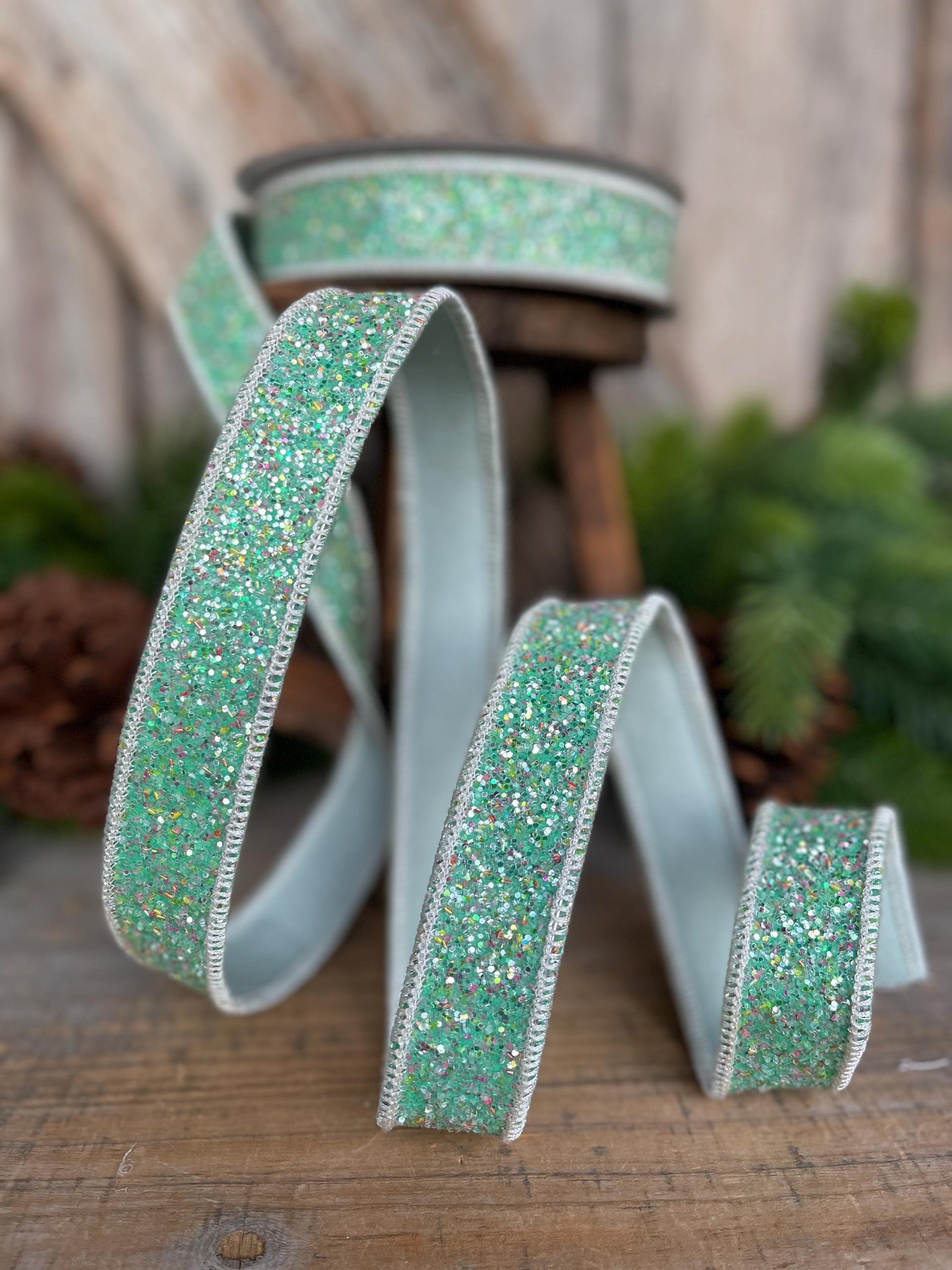 1" Mint Green Glitter Ribbon, Farrisilk Ribbon, Spearmint Glitter Ribbon, Christmas Tree Ribbon