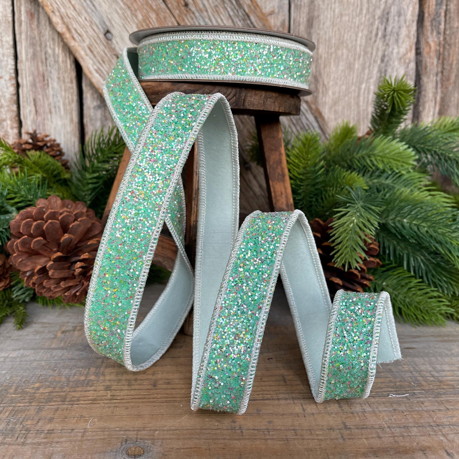 1" Mint Green Glitter Ribbon, Farrisilk Ribbon, Spearmint Glitter Ribbon, Christmas Tree Ribbon