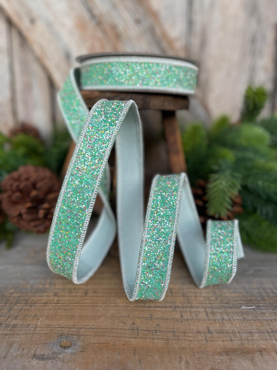 1" Mint Green Glitter Ribbon, Farrisilk Ribbon