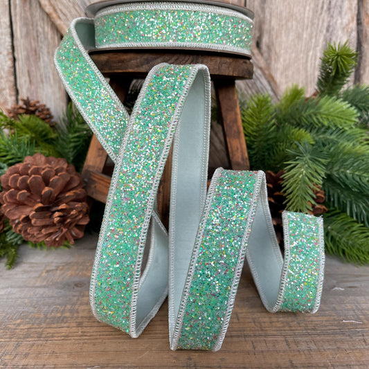 1" Mint Green Glitter Ribbon, Farrisilk Ribbon, Spearmint Glitter Ribbon, Christmas Tree Ribbon