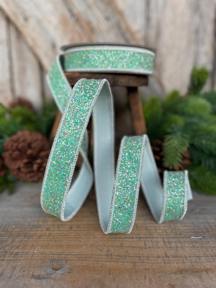 1" Mint Green Glitter Ribbon, Farrisilk Ribbon