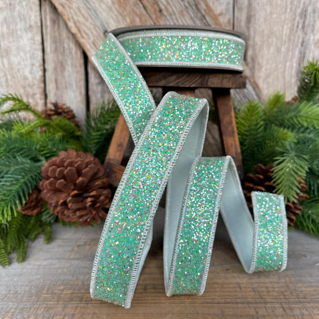 1" Mint Green Glitter Ribbon, Farrisilk Ribbon, Spearmint Glitter Ribbon