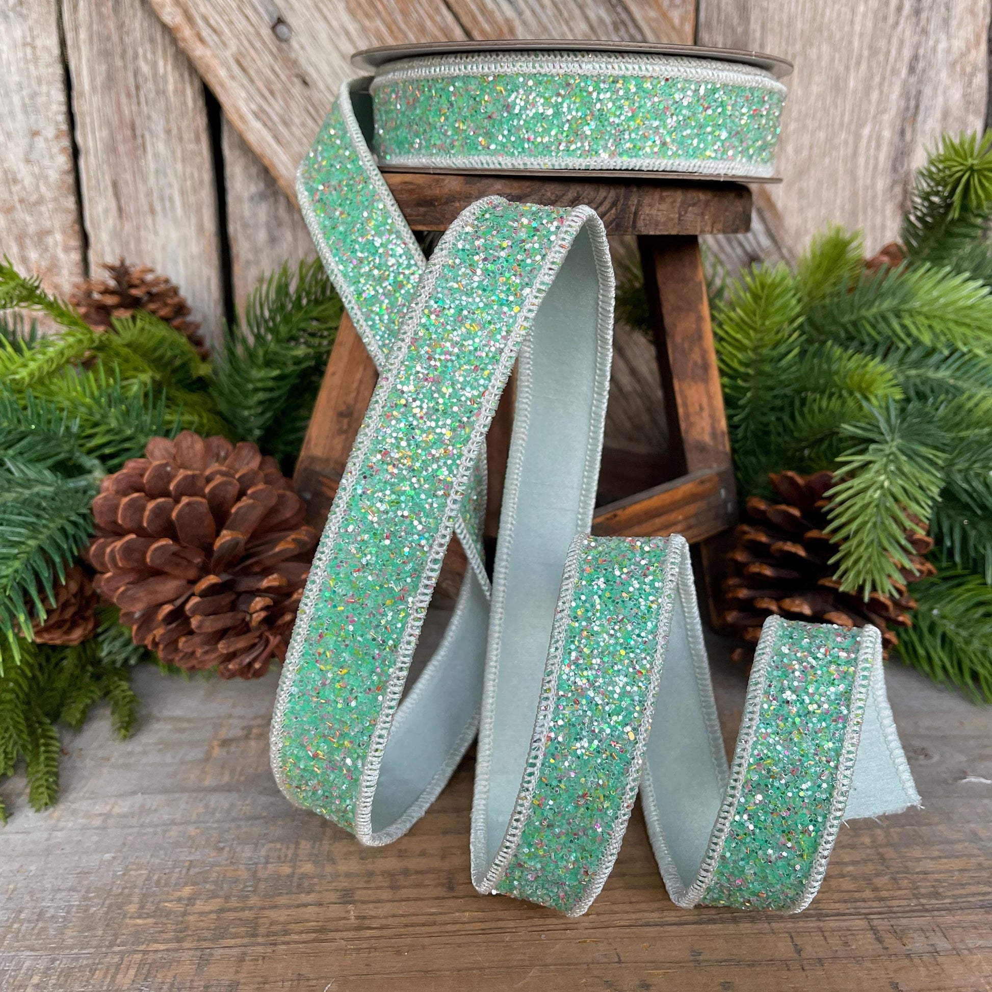 1" Mint Green Glitter Ribbon, Farrisilk Ribbon, Spearmint Glitter Ribbon, Christmas Tree Ribbon