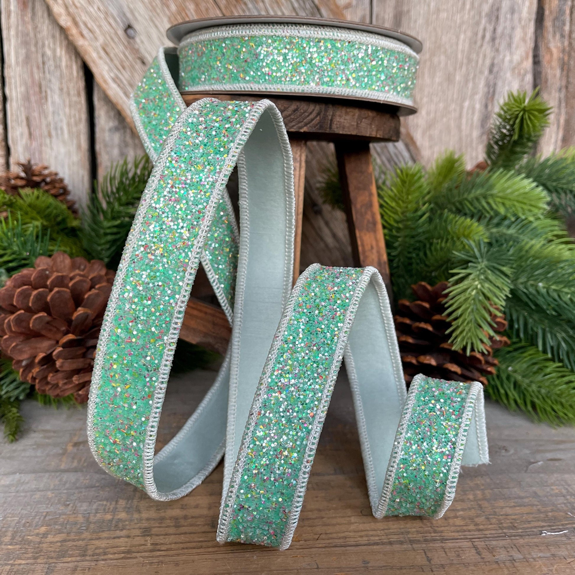 1" Mint Green Glitter Ribbon, Farrisilk Ribbon, Spearmint Glitter Ribbon, Christmas Tree Ribbon