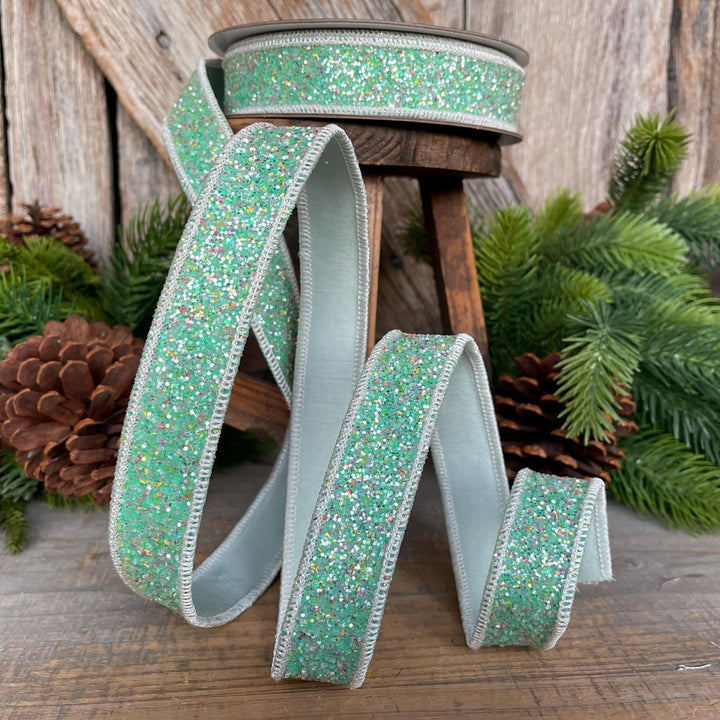 1" Mint Green Glitter Ribbon, Farrisilk Ribbon, Spearmint Glitter Ribbon