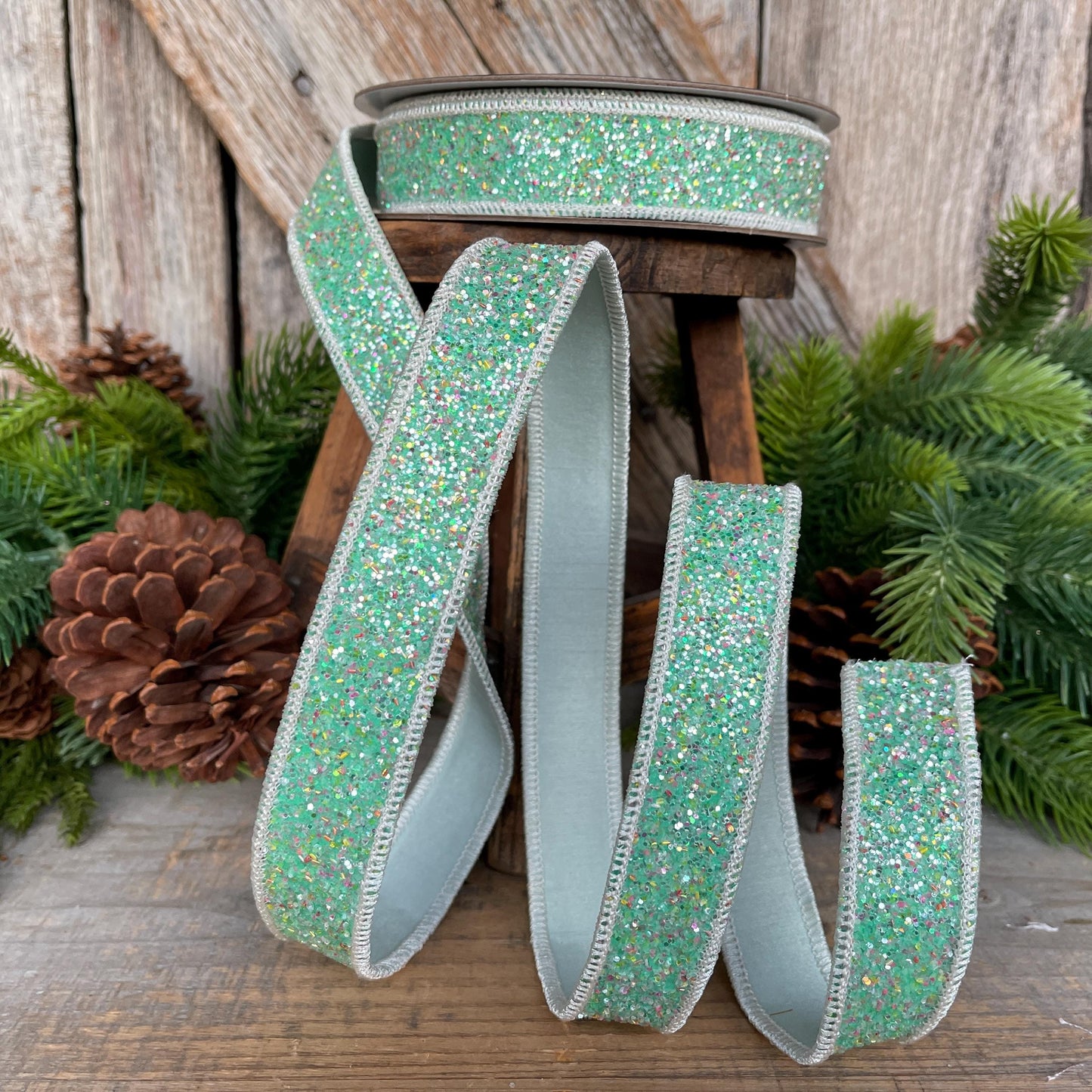 1" Mint Green Glitter Ribbon, Farrisilk Ribbon, Spearmint Glitter Ribbon, Christmas Tree Ribbon