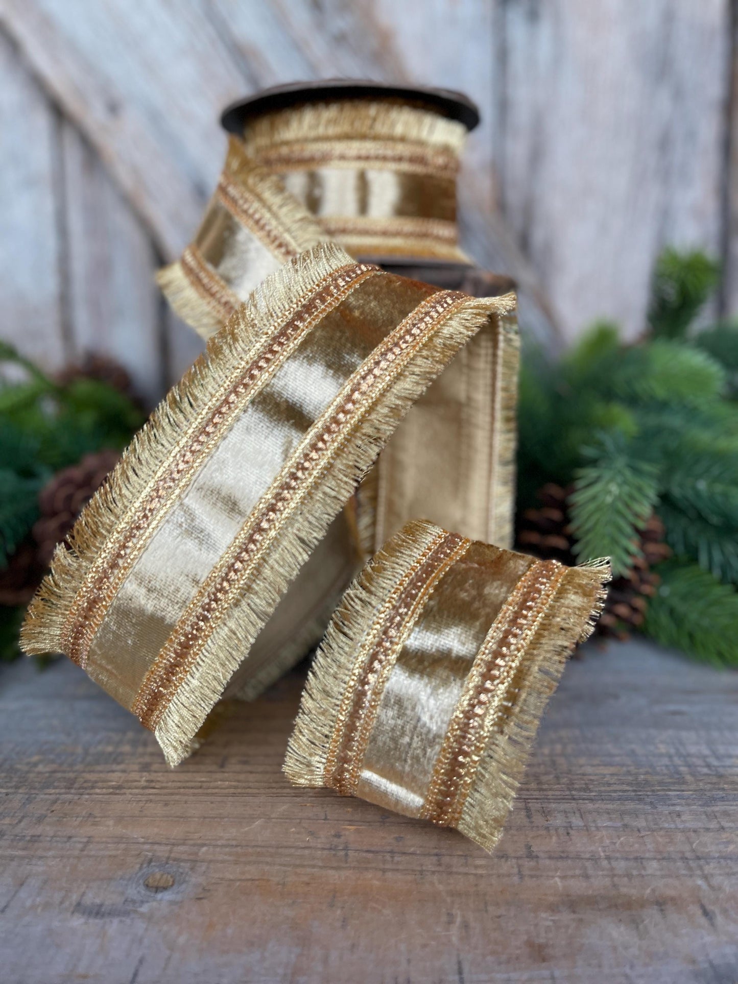 2.5" Gold Velvet Fringe Ribbon, Christmas Ribbon, Gold RIbbon