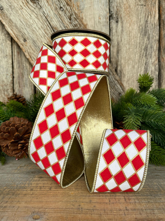 2.5" Red and White Harlequin Ribbon, Christmas Ribbon
