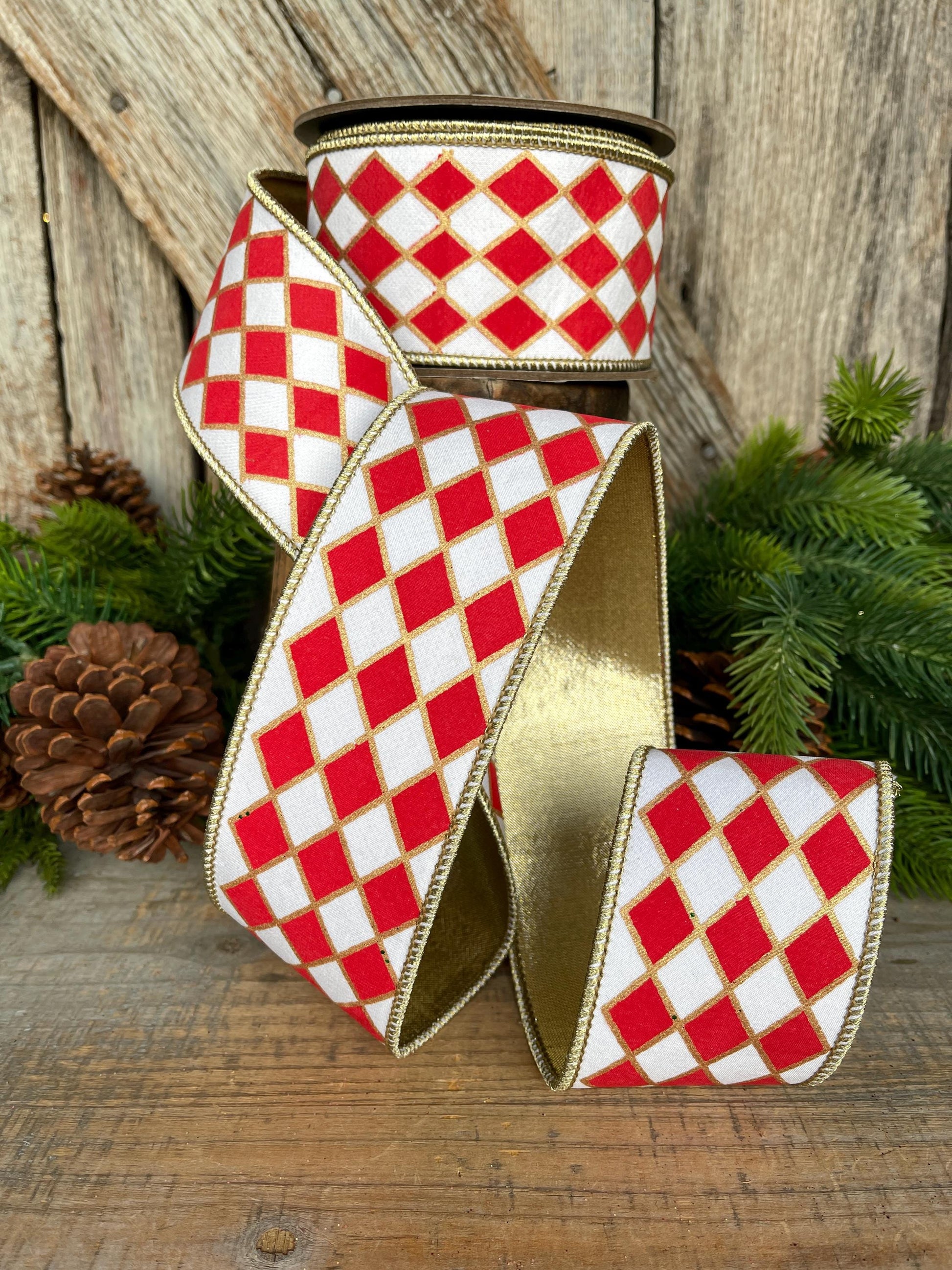 2.5" Red and White Harlequin Ribbon, Christmas Ribbon