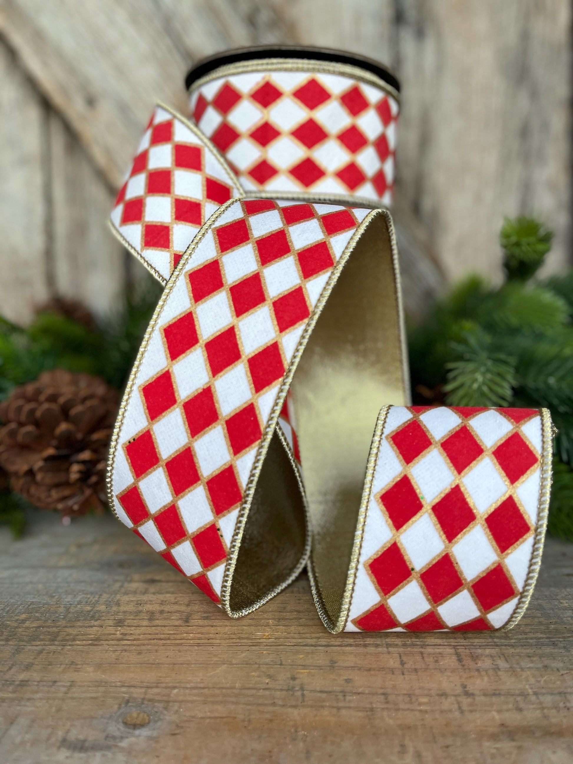 2.5" Red and White Harlequin Ribbon, Christmas Ribbon