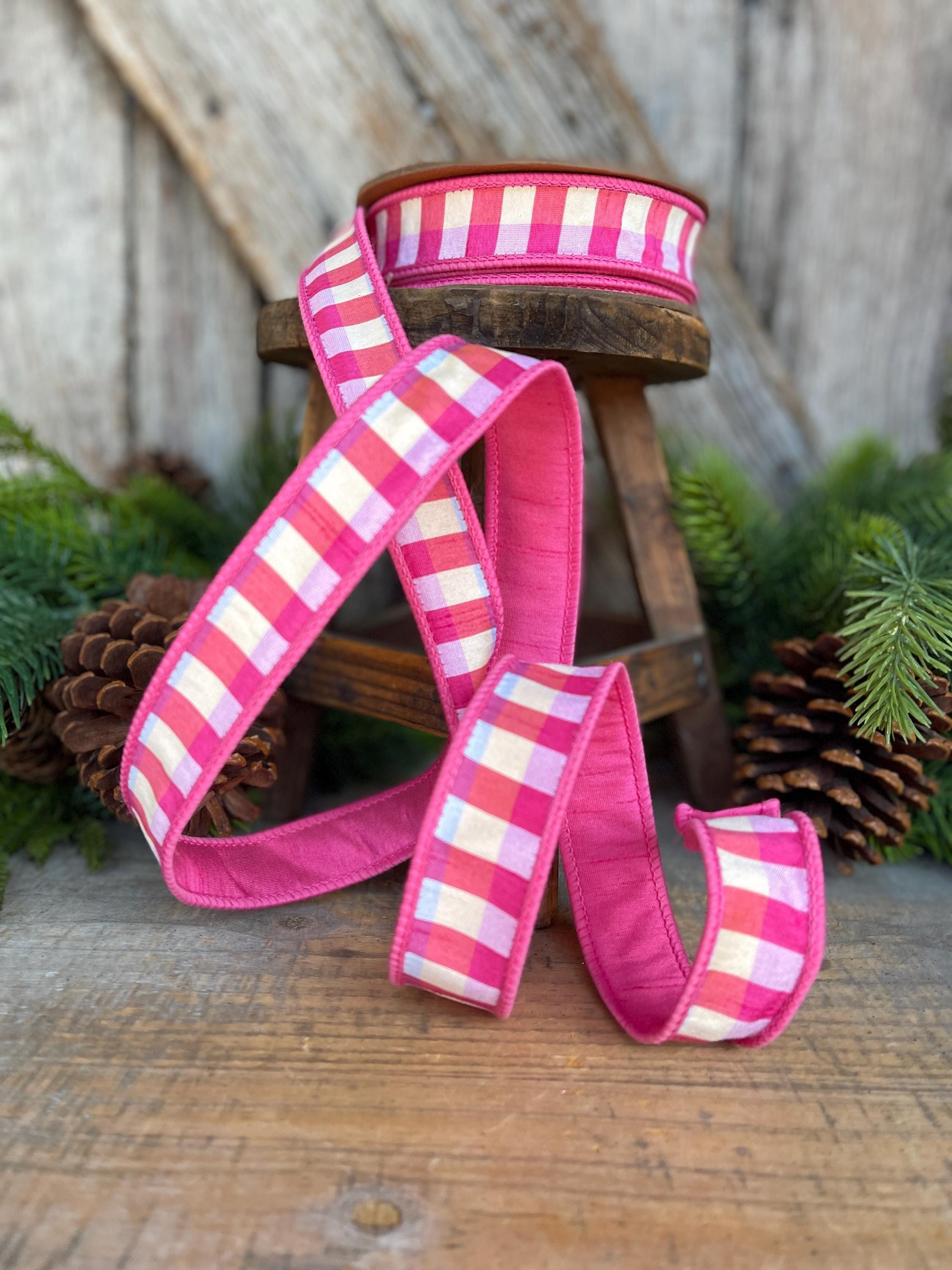 1" Pink Plaid Ribbon, Christmas Ribbon, Pink Ribbon