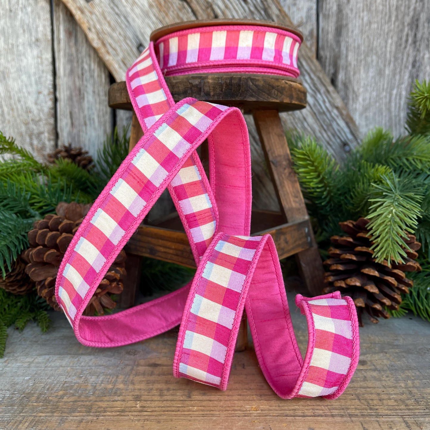 1" Pink Plaid Ribbon, Christmas Ribbon, Pink Ribbon