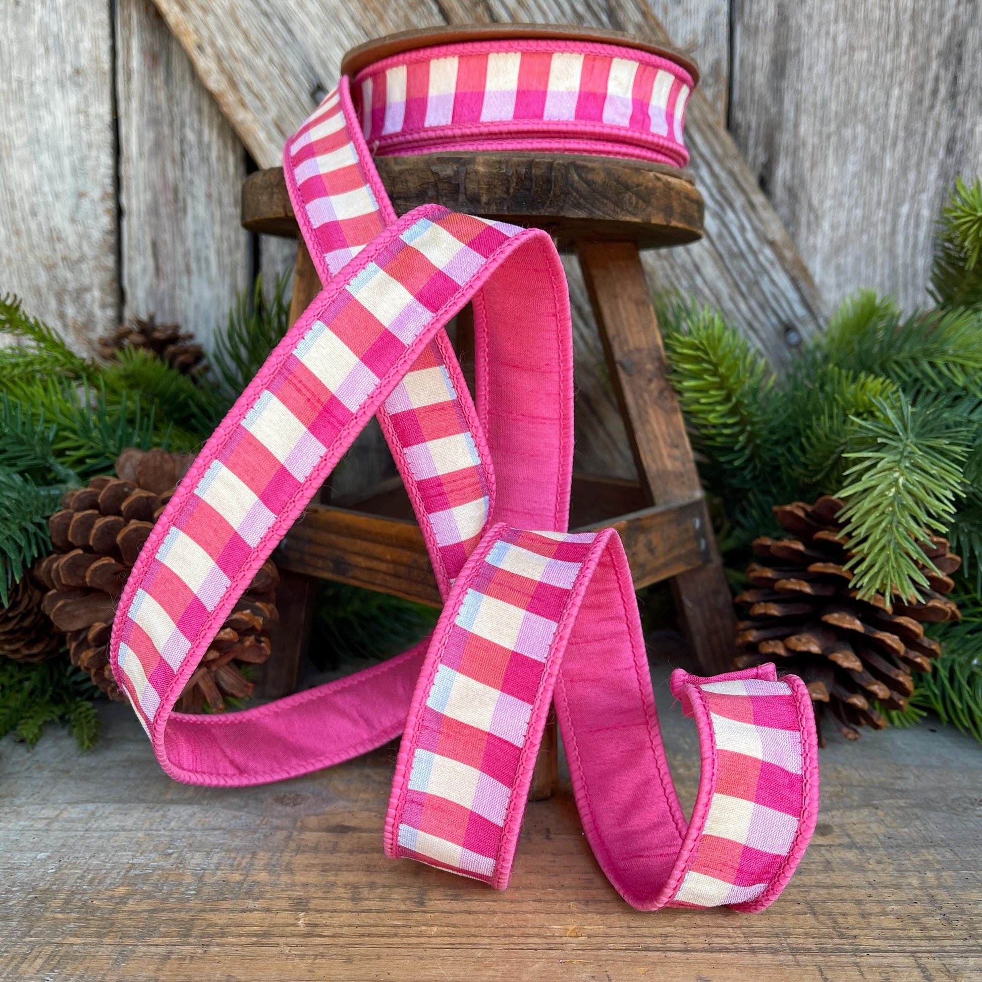 1" Pink Plaid Ribbon, Christmas Ribbon, Pink Ribbon