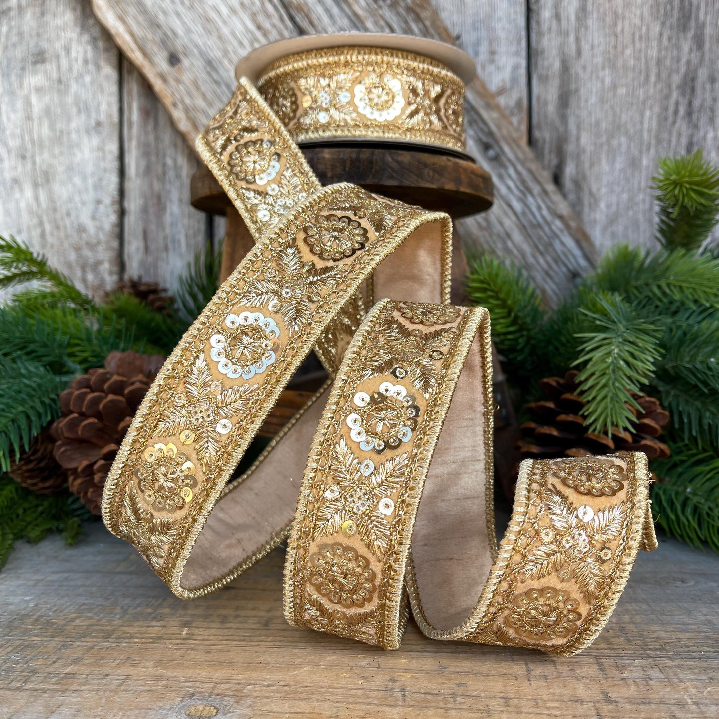1.5" Gold Sequin Ribbon, Christmas Ribbon, Gold Ribbon for Tree