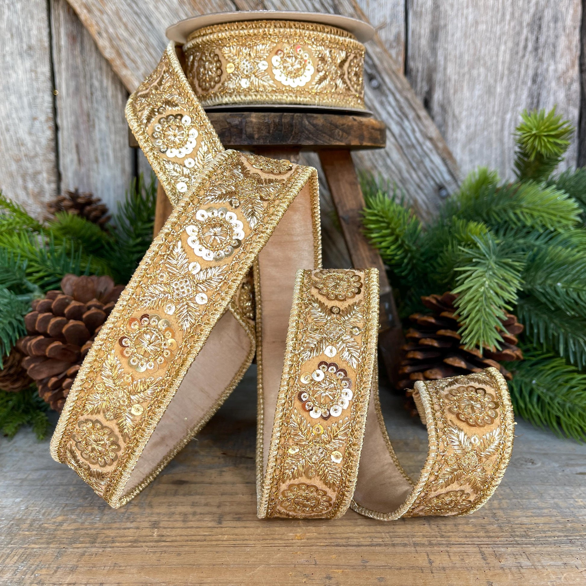 1.5" Gold Sequin Ribbon, Christmas Ribbon, Gold Ribbon for Tree